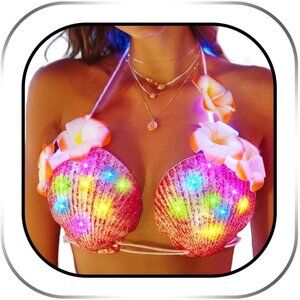 Light Up 5 Red Mermaid Shell Bra Glowing Bikini Top Flower Rave Outfits Women